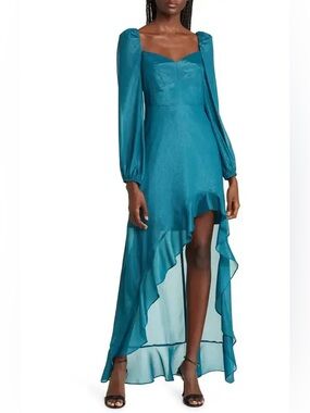 NWOT faux corset Teal metallic satin High-Low Ruffle Long Sleeve Dress small